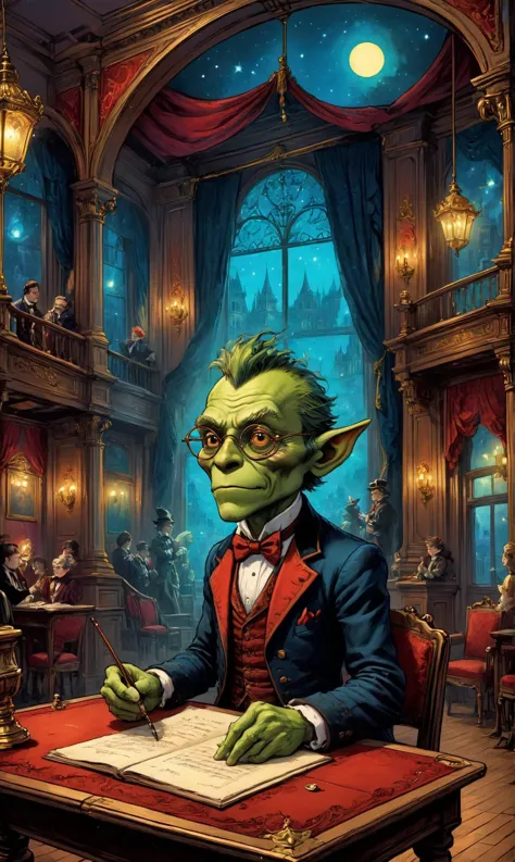 a Goblin illusionist creating fantastical spectacles at a Victorian theater hosting mystical, enchanting performances, ultra-fin...