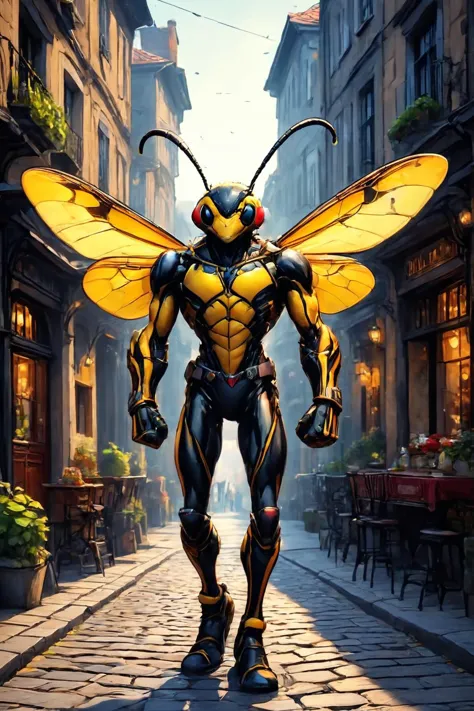 RAW photo of a skinny  anthro Wasp at Gaslit cobblestone streets with wrought iron,  super detail, ultra-realism, Dreamyvibes Artstyle