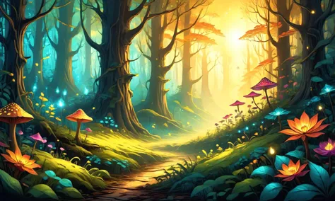 a painting of a forest with mushrooms and flowers in the foreground