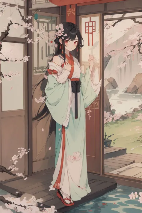 ((1girl)),solo,thin hanfu,(curtain),tiles roof,translucent silk chiffon kimono,light green and white,off shoulders,chinese painting,gongbi style,water_color,(cherry blossoms:1.4),(trees, artificial mountain),koi,wooden windows,doors,bed,stone,trandional architecture,temple,tower,wall,chinese garden,long hair,full body,bangs,(masterpiece, Extremely detailed, best quality, highres:1.2),soft smile,  <lora:huyefo2-000008_2:0.4>, <lora:xrs2.0:0.4>, <lora:Guofeng_minimalism_v1:0.4> hanfu, Cheongsam, Chinese style, (masterpiece, best quality, high quality, highres, ultra-detailed),