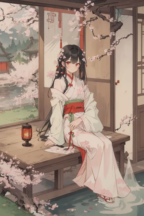 ((1girl)),solo,lying on back on bamboo mat bed in garden,thin hanfu,(curtain),tiles roof,translucent silk chiffon kimono,light green and white,off shoulders,chinese painting,gongbi style,water_color,(cherry blossoms:1.4),(trees, artificial mountain),koi,wooden windows,doors,bed,stone,trandional architecture,temple,tower,wall,chinese garden,long hair,full body,bangs,(masterpiece, Extremely detailed, best quality, highres:1.2),soft smile,  <lora:huyefo2-000008_2:0.4>, <lora:xrs2.0:0.4>, <lora:Guofeng_minimalism_v1:0.4> hanfu, Cheongsam, Chinese style, (masterpiece, best quality, high quality, highres, ultra-detailed),