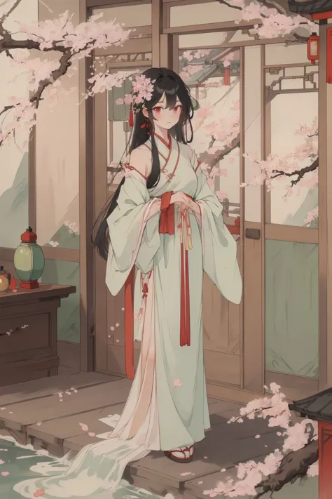 ((1girl)),solo,thin hanfu,(curtain),tiles roof,translucent silk chiffon kimono,light green and white,off shoulders,chinese painting,gongbi style,water_color,(cherry blossoms:1.4),(trees, artificial mountain),koi,wooden windows,doors,bed,stone,trandional architecture,temple,tower,wall,chinese garden,long hair,full body,bangs,(masterpiece, Extremely detailed, best quality, highres:1.2),soft smile,  <lora:huyefo2-000008_2:0.4>, <lora:xrs2.0:0.4>, <lora:Guofeng_minimalism_v1:0.4> hanfu, Cheongsam, Chinese style, (masterpiece, best quality, high quality, highres, ultra-detailed),