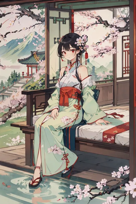 ((1girl)),solo,lying on back on bamboo mat bed in garden,paper fan,thin hanfu,foggy,(curtain),tiles roof,translucent silk chiffon kimono,light green and white,off shoulders,chinese painting,gongbi style,water_color,(cherry blossoms:1.4),(trees, artificial mountain),koi,wooden windows,doors,bed,stone,trandional architecture,temple,tower,wall,chinese garden,long hair,full body,bangs,(masterpiece, Extremely detailed, best quality, highres:1.2),soft smile,  <lora:huyefo2-000008_2:0.4>, <lora:xrs2.0:0.4>, <lora:Guofeng_minimalism_v1:0.4> hanfu, Cheongsam, Chinese style, (masterpiece, best quality, high quality, highres, ultra-detailed),