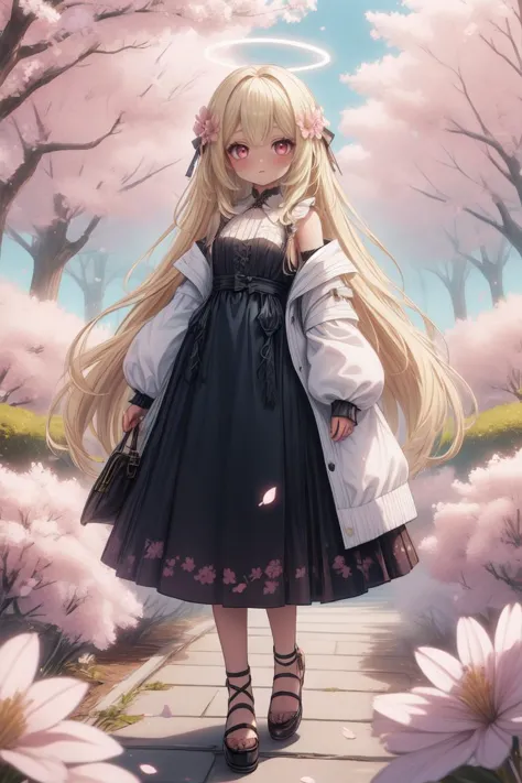 a girl in a dress and coat standing on a path with flowers