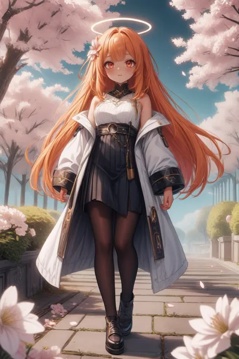 1girl, full body, full shot, masterpiece, best quality, hdr, 8k, dusk,  long orange hair     EGirlMakeup, eyeliner,   blessedtech, blessed, aura sakuraleafstyle, cherry blossoms, flower, petals