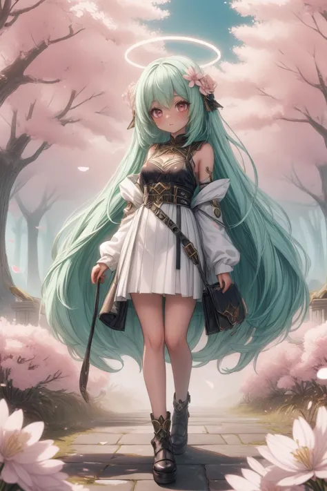 a girl with long green hair and a white dress is walking through a forest