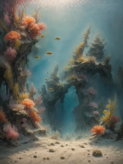 prehistoric sea, oil Painting, desolated landscape, (underwater:1.2), (panorama:1.2), coral reef, sand, more fish, seaweed, focu...