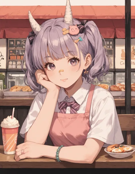 anime girl with purple hair and unicorn horns sitting at a table