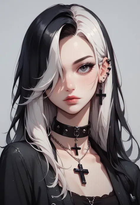 score_9, score_8_up, score_7_up, Goth girl, Goth girl 1girl 1girl,solo,long hair,looking at viewer,simple background,black hair, jewelry,white hair,multicolored hair,choker,black eyes,grey background,necklace,(hair over one eye),two-tone hair,cross,portrait,,  <lora:[GP] somethingweird [Pony XL]:0.2>, <lora:g0th1cPXL:0.3>, <lora:Concept Art Twilight Style SDXL_LoRA_Pony Diffusion V6 XL:0.8>, <lora:Goth_girl_XL-v2:0.8>