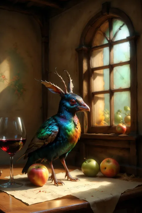 best quality, high quality, (detailed schematic:1.3), (realistic, photorealistic, absurdres:1.2), complex, (chaos:1.3), still life, darkness, shadows p10tr on parchment,  nijijourney, fruit, wild game, wine, renaissance,  blur, sunlight through window, old house, various animals, pheasant, green iridescent beetle, wild hare, hunting,