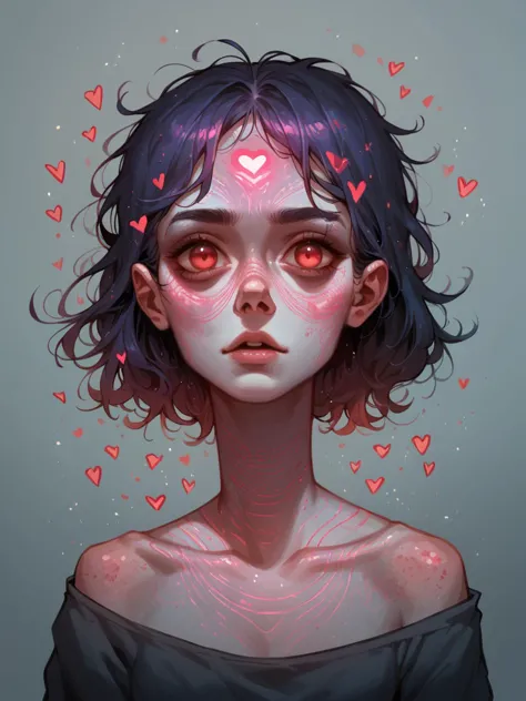 a drawing of a girl with hearts on her face