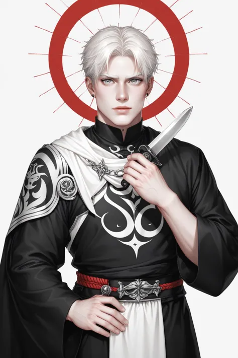 score_9,score_8_up,score_7_up male, pale skin, white hair, white eyebrows, muscule, grey eyes, clothes in black ehypt male costu...