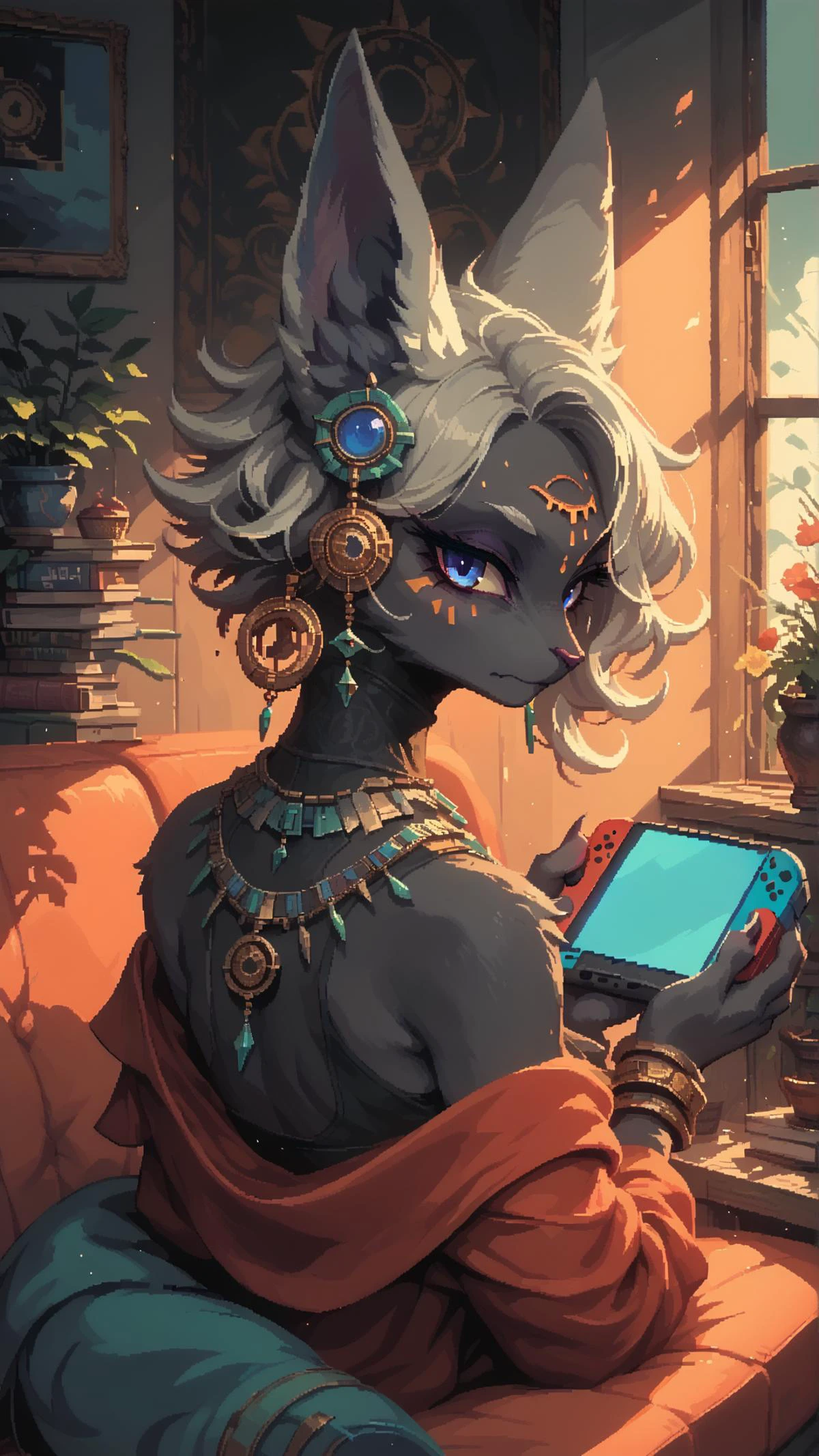 score_9,score_8_up,score_7_up,score_6_up,d3p1x3l,pixel art,1girl,solo,looking at viewer,facial mark,jewelry,furry,female focus,short hair,animal ears,looking back,closed mouth,upper body,necklace,nintendo switch,grey hair,looking back,bedroom,sitting,couch,