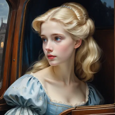 oil painting of young Cinderella, looking out of the window of a carriage, thoughtful, pale skin, petite body, blond hair, moonl...