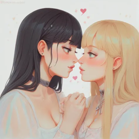 (score_9, score_8_up, score_7_up), a painting of two adult women holding hands, blonde, black hair, close up, h3l3n, good_hands,...