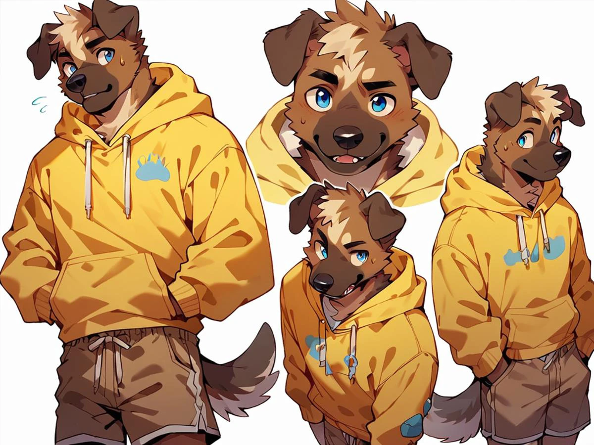 score_9, score_8_up, score_7_up, high quality, hires, anthro, male, domestic dog, brown fur, blue eyes, yellow hoodie, brown shorts, white background,