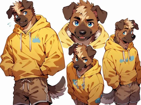 score_9, score_8_up, score_7_up, high quality, hires, anthro, male, domestic dog, brown fur, blue eyes, yellow hoodie, brown sho...
