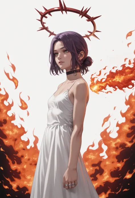 score_9, score_8_up, score_7_up, score_6_up BREAK 1girl, csmrz, small breasts, medium hair, purple hair, green eyes, hair bun, black choker, white dress, r3d1nk, white background, monochrome, red fire, red halo rings <lora:r3d1nk:0.8> <lora:Hoseki_ChainsawMan_Reze_PDXL_v1:1>