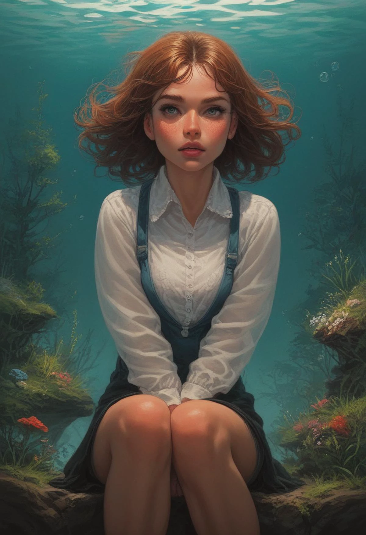score_9, score_8_up, score_7_up, source_photo, 18 year old, solo, fully clothed, 
1girl, incredibly attractive, Sitting with legs extended, Concealer, Classic Ivy League Haircut with, Brownie , Underwater Grotto with Bioluminescent Creatures, 
l4rg33y3s