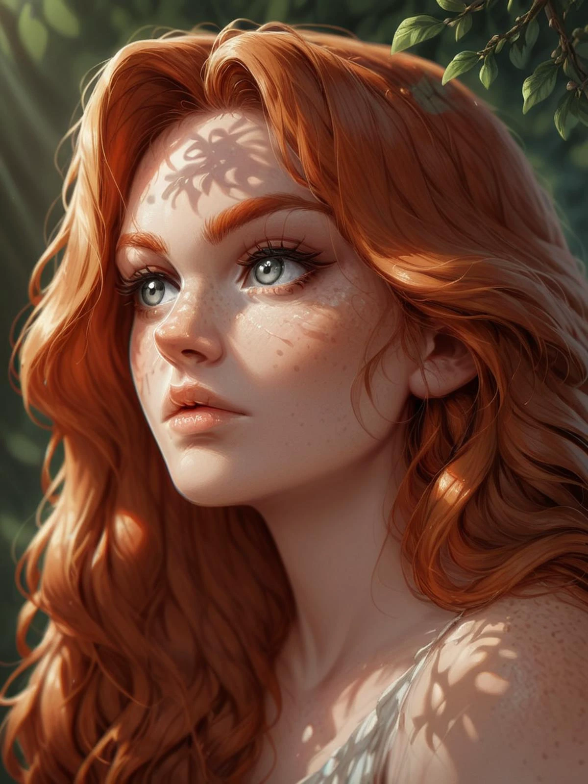 score_9, score_8_up, score_7_up, score_6_up,  d3t41l3d, 1girl, long hair, grey eyes, portrait, ginger hair,  dappled sunlight, Fr3ckles,1girl, freckles, grey eyes, 