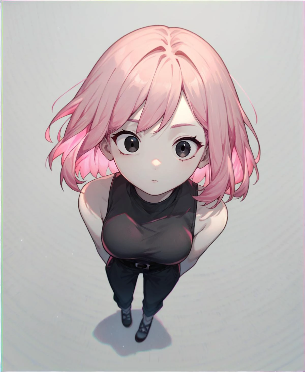 score_9_up, score_8_up, score_7_up, full body, dynamic angle, 1girl, medium hair, pink hair, black eyes, pale skin, medium breasts
, simple background, c0l0urgl0w