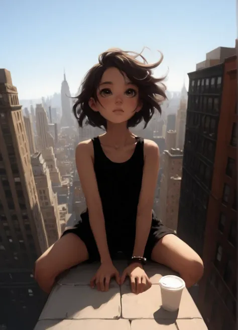 Hyperrealistic art Score_9, score_8_up, score_7_up,
1girl, cute, hair blowing in the wind, shorts, tank top, sitting on the edge of a building, paper cup, roof, top, New York in the background,
<lora:Sinozick_Style_XL_Pony:0.6>
<lora:d3t41l3dXLP:1>
<lora:p0rtXLP1:0.8>
<lora:add-detail-xl:2> . Extremely high-resolution details, photographic, realism pushed to extreme, fine texture, incredibly lifelike