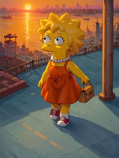 score_9,score_8_up,score_7_up,zPDXL,portrait,cityscape background,sunset,walking down a street,solo,four fingers,circle eyes,dot pupil,looking away,phone,source_cartoon,toony,theSimpsonsstyle,yellow skin,1girl child,Lisa Simpson,kid,orange sundress,white socks,sneakers,earings,pearl necklace,starfish hair,purse,<lora:The_Simpsons_style:1>,<lora:B0ld01lp41nt:0.6>,B0ld01lp41nt,from above,