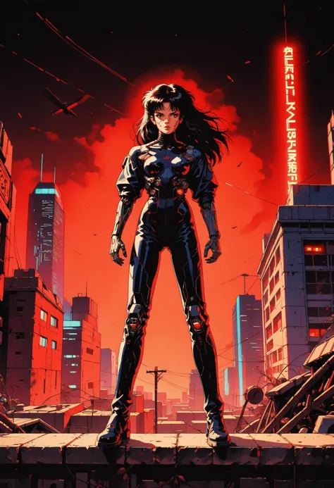 score_9, score_8_up, score_7_up, 1girl, standing on building roof, front view, looking away, cowboy shot, black bodysuit, black boots, mechnical arms, prothesis arm, black hair, long hair, bangs, mechanical katana with blue glowing blade, red circuit print on bodysuit, hair with wind, cyberpunk, red neon lights, <lora:chr0m4XLP:0.8> chr0m4, chromatic aberration,  <lora:Kenva:1> knva, halftone effect, retro artstyle