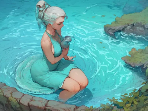 score_9, score_8_up, score_7_up, 1girl, solo focus, pale skin, ((hair made from water)), pouring water from jug on ground, turquoise eyes, wearing long turquoise dress, csr style, sitting on cliff, riverside background, <lora:cutesexyronutts_style_xl:0.8>, <lora:PerfectEyesXL:1>, <lora:3m0t3XLP:0.8>, detailed