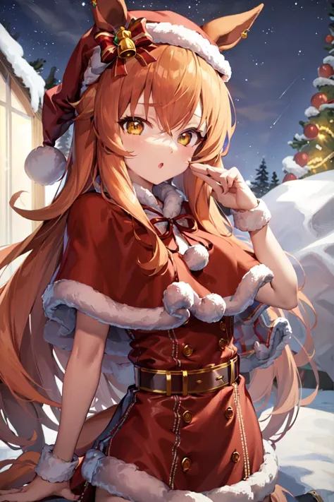 masterpiece, best quality,
mayano topgun \(umamusume\),
christmas, red dress, red capelet, belt, santa hat, fur-trimmed capelet,...