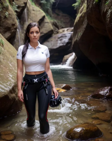 cinematic photo   <lora:quiron_AlexBlack_v1_lora:0.87> AlexBlackQuiron,  . 35mm photograph, film, bokeh, professional, 4k, highly detailed, realistic,  a woman Canyoning wearing Polo shirt and Flared capri pants: Cropped pants that flare out at the bottom.,