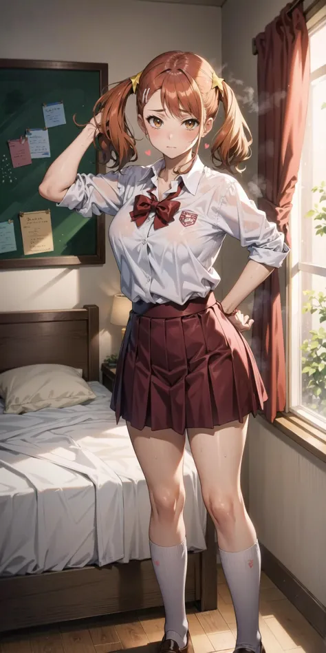 anime girl in a short skirt and shirt posing in front of a window