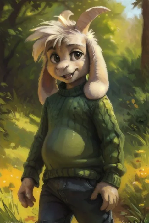 a painting of a rabbit in a green sweater and jeans