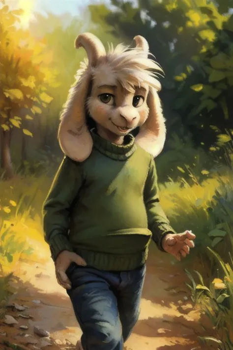 a painting of a young boy walking down a path with a bunny on his head