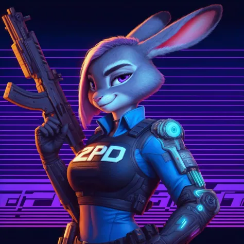 cyberpunk 2077, fututistic police uniform, judy hopps, (masterpiece, best quality, high quality, highres, ultra-detailed), purple eyes, pink hair