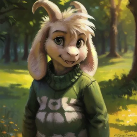 painting of a rabbit in a green sweater and a green sweater