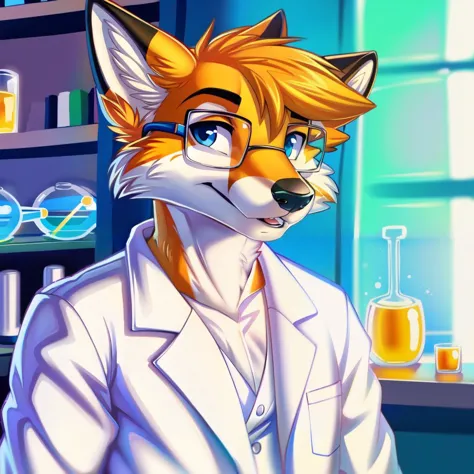 a close up of a cartoon fox wearing glasses in a lab