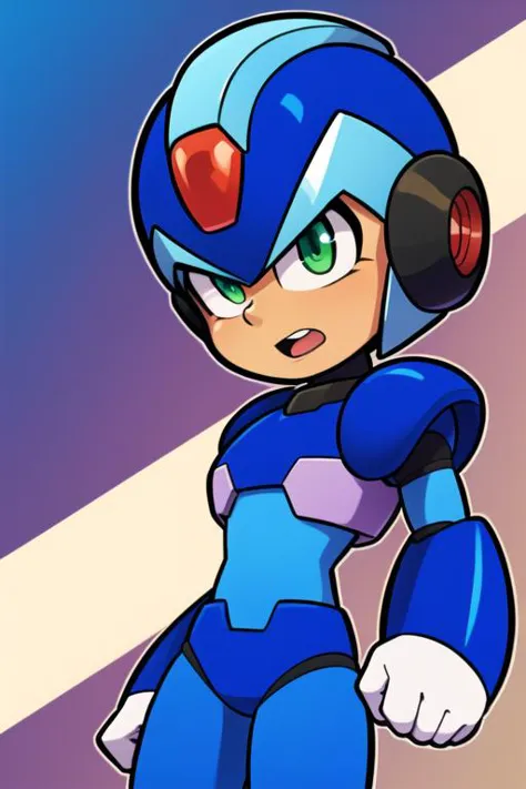 x_megamanx, solo, 1boy, male focus, helmet, android, blue armor, green eyes, masterpiece, high quality, <lora:X_MegaMan_X_V-08:0.9>