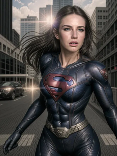 gr1, cheio de ação, pose dinâmica, desfoque de movimento, profundidade de campo estreita, reflexo de lente, cor de energia de alta octanagem, rostos ultra-realistas, uma renderização 3D, fotorrealismo, na roupa Supergirl DC comix, abdômen, (Fundo da cidade) 