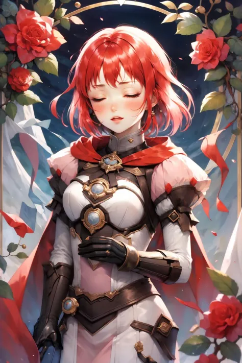 masterpiece, best quality, feMonica, feMonica, short hair, red cape, pink dress, white leggings, black gloves, upper body, closed eyes, hands to chest, red roses <lora:monica-nvwls-v2-000010:0.9>