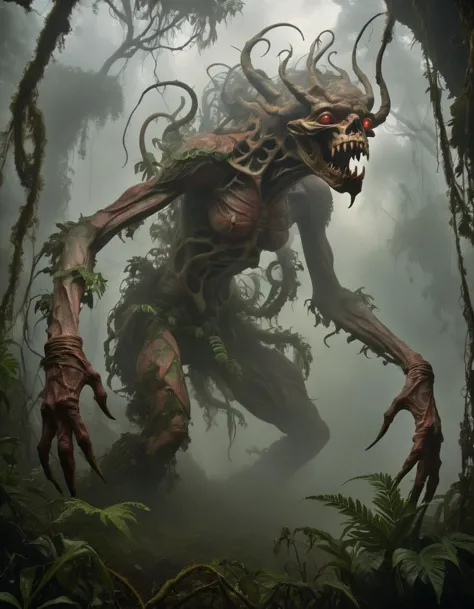 a close up of a monster in a forest with trees