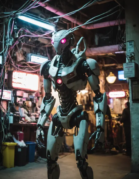 a close up of a robot standing in a garage with wires