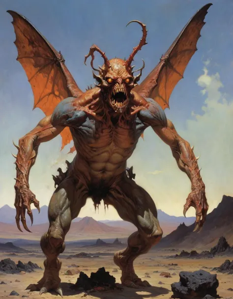 a painting of a demon with large horns and a large head