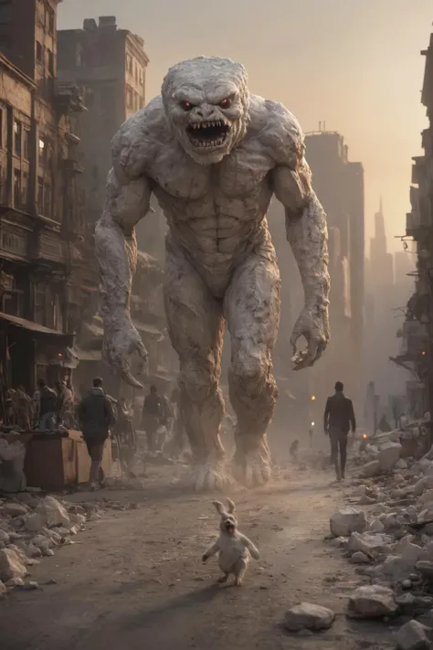 a close up of a dog running in a street near a giant monster