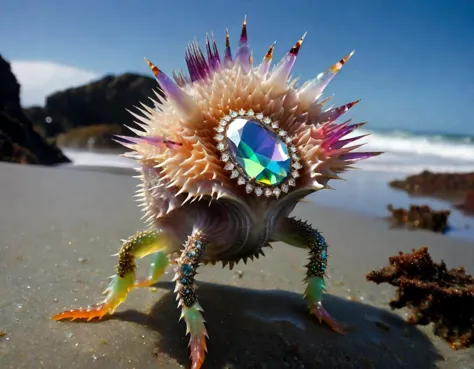 a close up of a colorful crab on a beach near the ocean