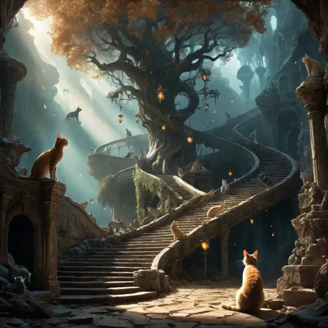 a cat sitting on a stone staircase in a fantasy setting