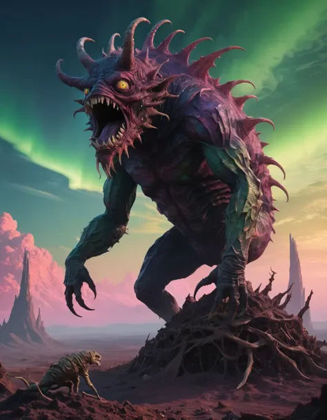 famous artwork by (beeple:1.2), detailed expressive eyes, fantasy style, this image shows the ghastly chonkgrabber, this wondrous oblivering creature, covered in scaly xivturb and jibberquill stands atop a grunkeling pile of snizzleplume, silhouetted against a psorbified aurora-filled sky of planet alderwaran quartus, hinting at its otherworldly nature
RAW photo, realistic texture, extremely detailed, absurdres, sharp focus,  volumetric lighting, subsurface scattering