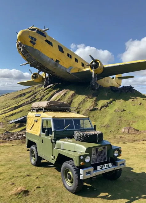 giant plane sitting on a yellow lghtwght land rover, crushed roof, sunshine, cinematic, dramatic light, green hills in the background,
 <lora:Lightweight_Land_Rover_SDXL:0.7>