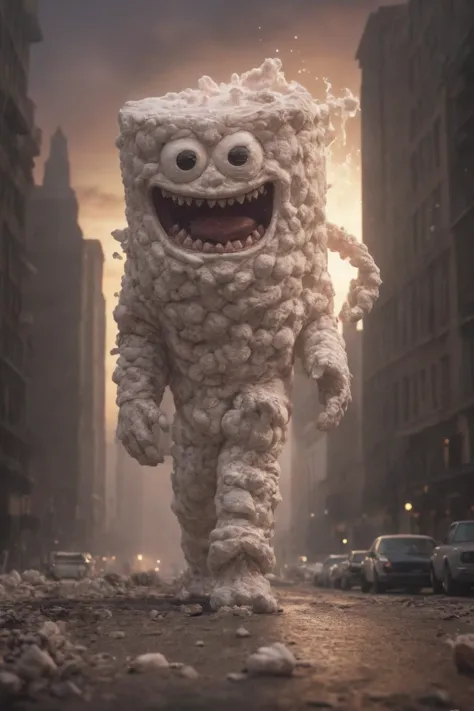 a large white monster is running down a city street