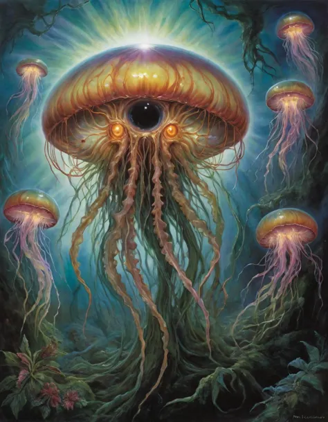 famous artwork by (todd lockwood:1.2) and (ron spencer:1.2), detailed expressive eyes, fantasy style, among the vibrant sorbsarbled flora of planet manyquirk ix, the brightly luminescent, jellyfish-like nervous flamedonker with tendrils of glowing dunkfizzle drifts slowly through the air, emitting strange mordrigoring cosmic energy light that seems to horflunk across the multiverse
RAW photo, realistic texture, extremely detailed, absurdres, sharp focus,  volumetric lighting, subsurface scattering